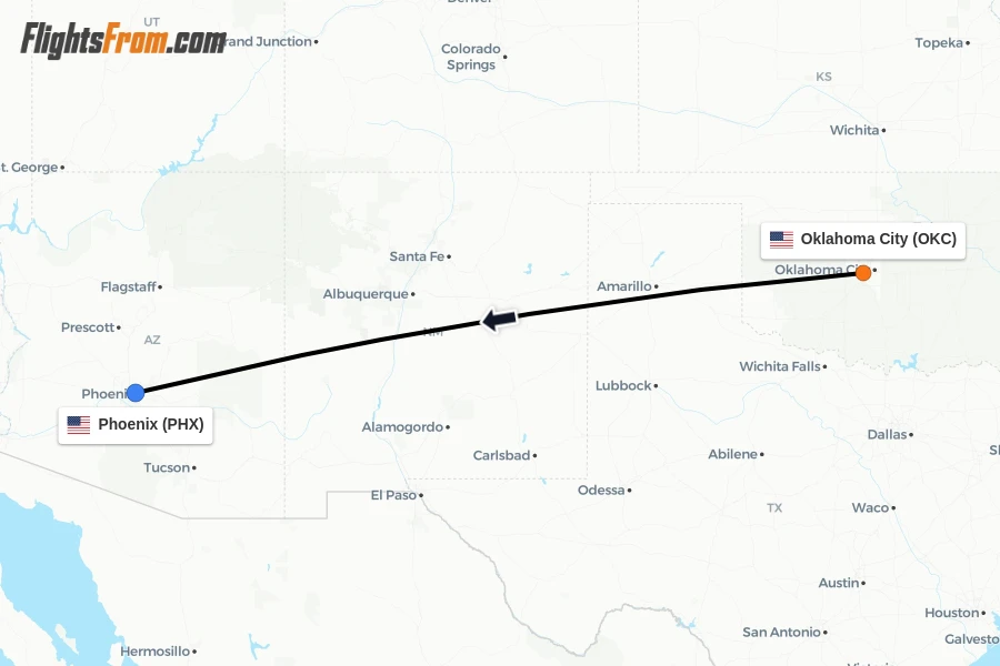 Flights from Oklahoma City to Phoenix route map