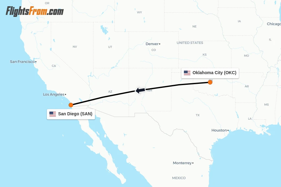 Flights from Oklahoma City to San Diego route map