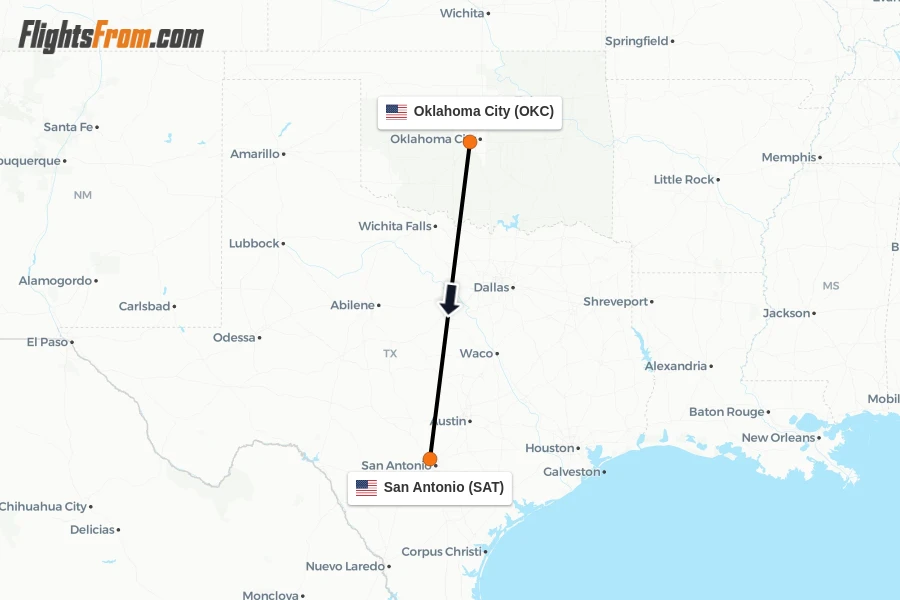 Flights from Oklahoma City to San Antonio route map