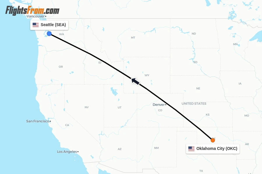 Flights from Oklahoma City to Seattle route map