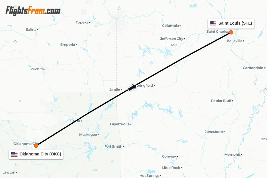 Flights from Oklahoma City to Saint Louis route map