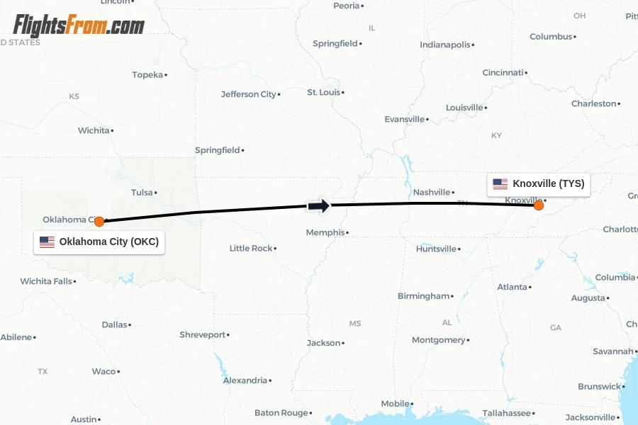 Flights from Oklahoma City to Knoxville route map