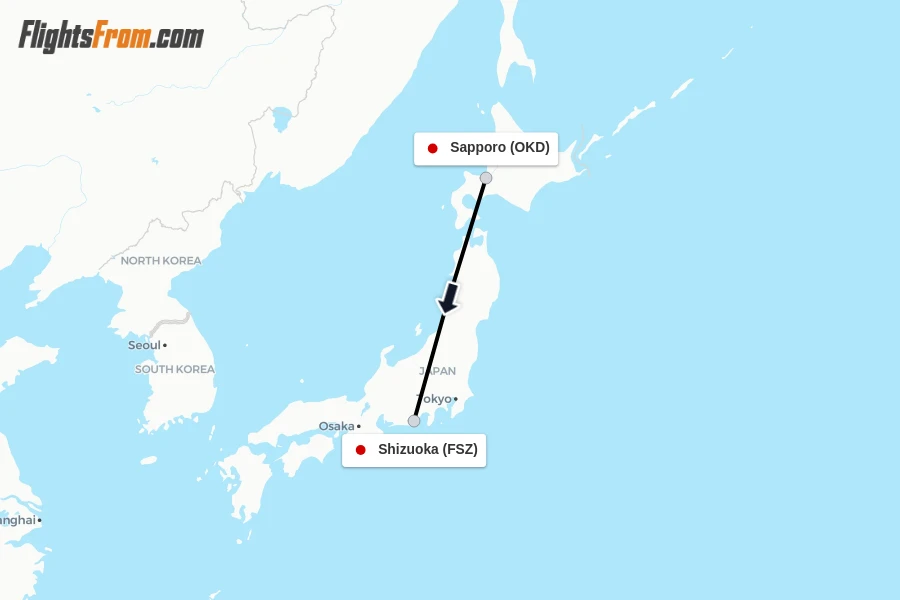 Flights from Sapporo to Shizuoka route map
