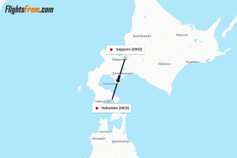 Flights from Sapporo to Hakodate route map