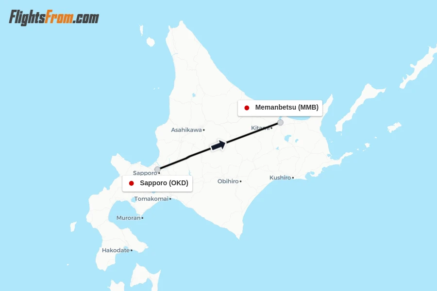 Flights from Sapporo to Memanbetsu route map