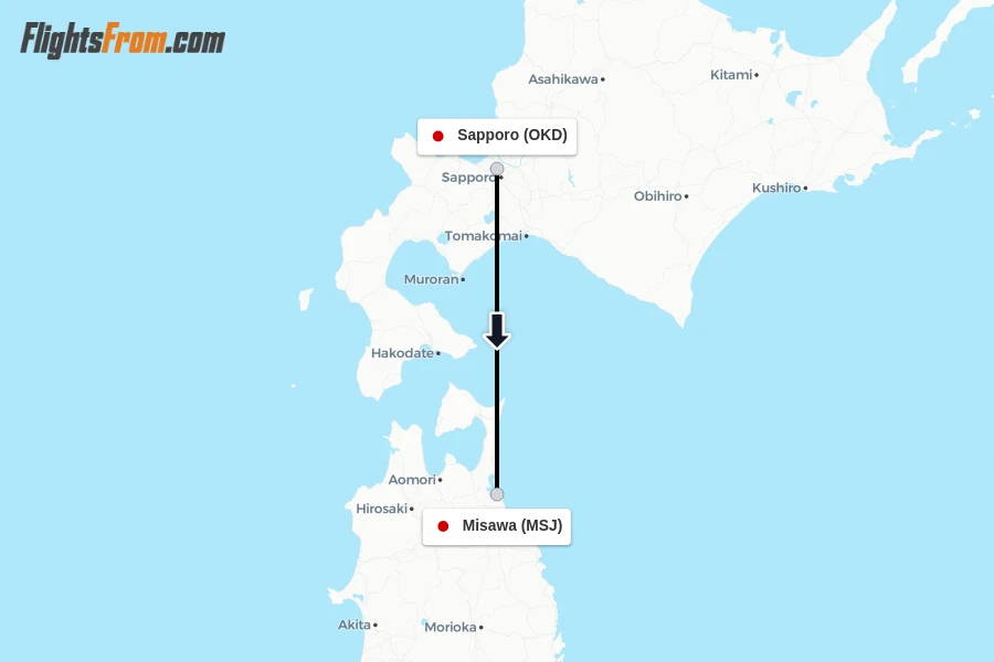 Flights from Sapporo to Misawa route map