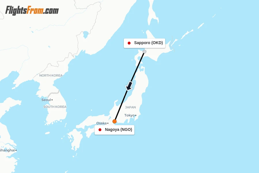Flights from Sapporo to Nagoya route map