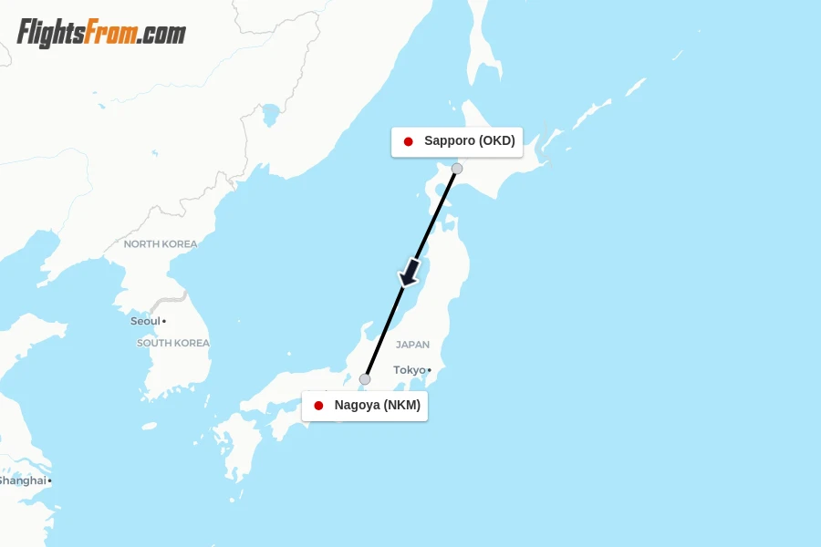 Flights from Sapporo to Nagoya route map