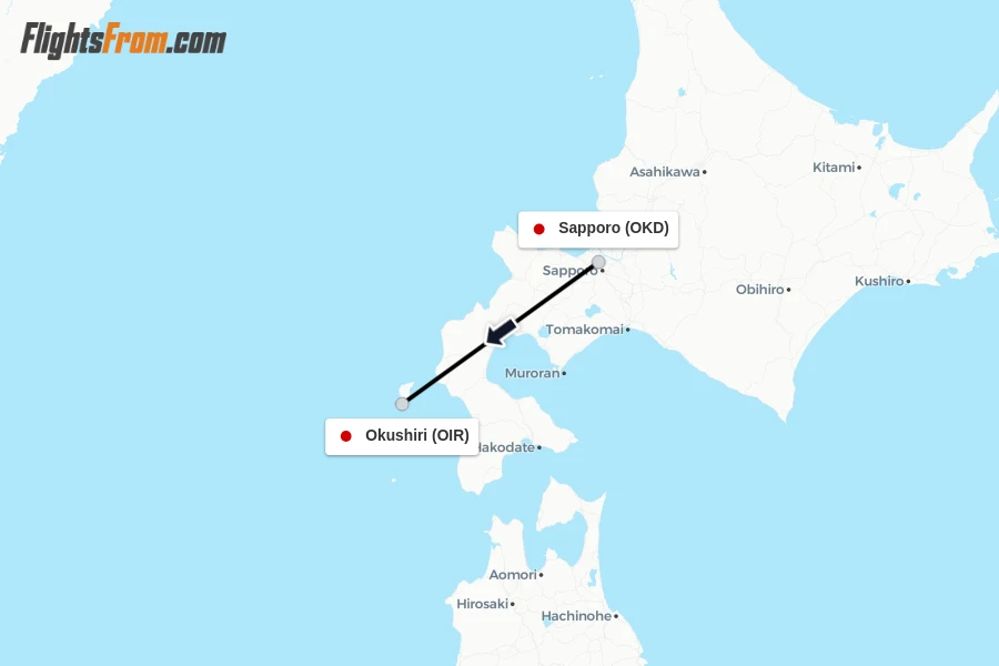 Flights from Sapporo to Okushiri route map