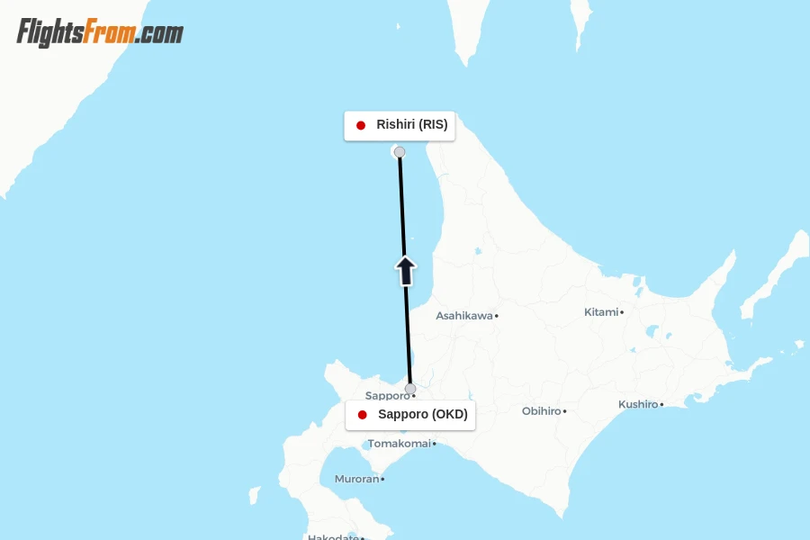 Flights from Sapporo to Rishiri route map