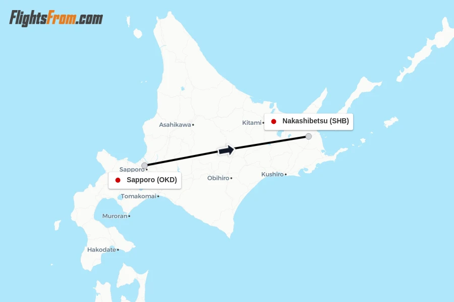 Flights from Sapporo to Nakashibetsu route map