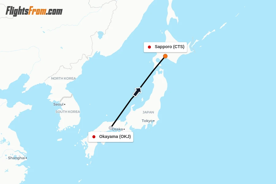 Flights from Okayama to Sapporo route map