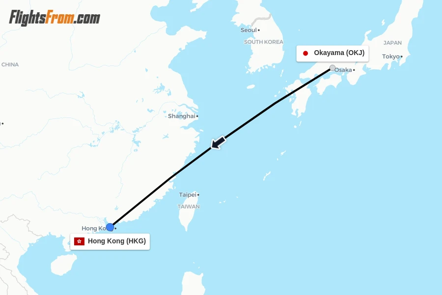 Flights from Okayama to Hong Kong route map
