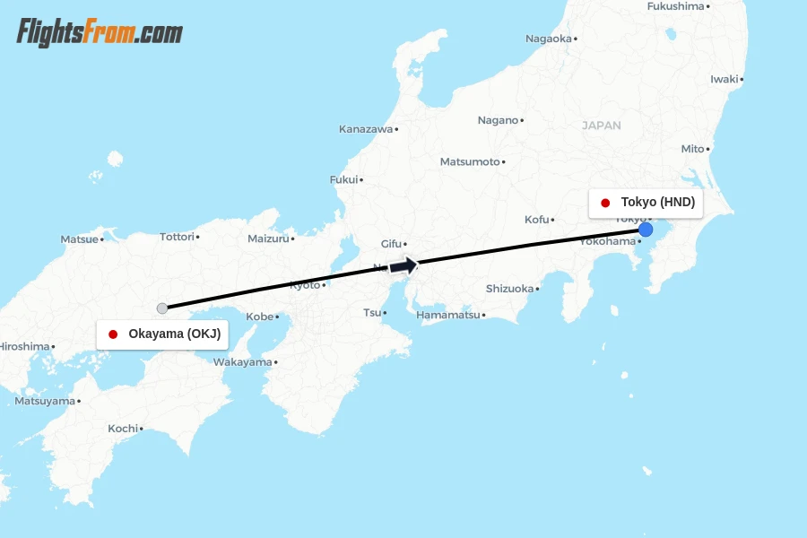 Flights from Okayama to Tokyo route map