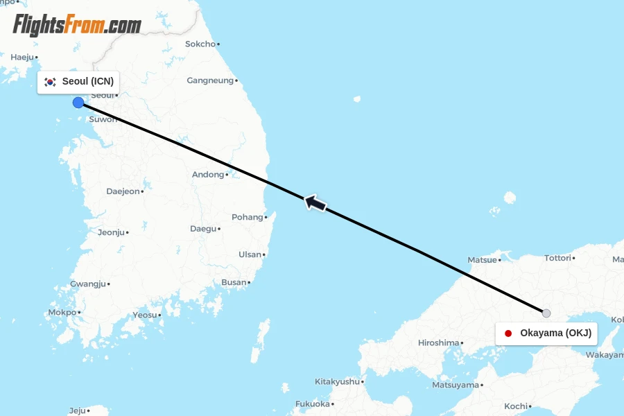 Flights from Okayama to Seoul route map
