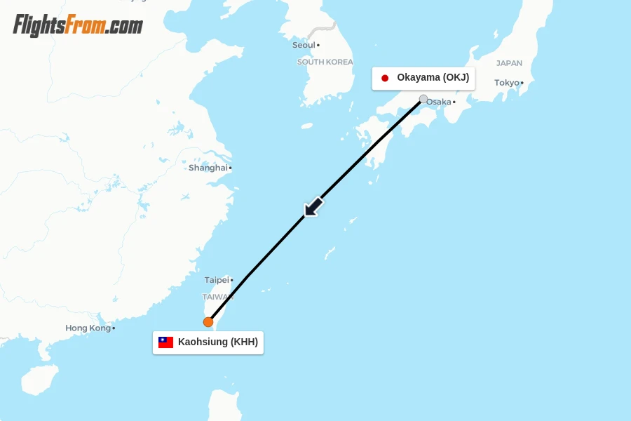 Flights from Okayama to Kaohsiung route map