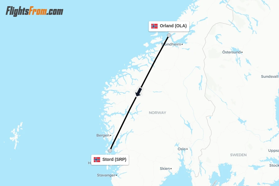 Flights from Orland to Stord route map