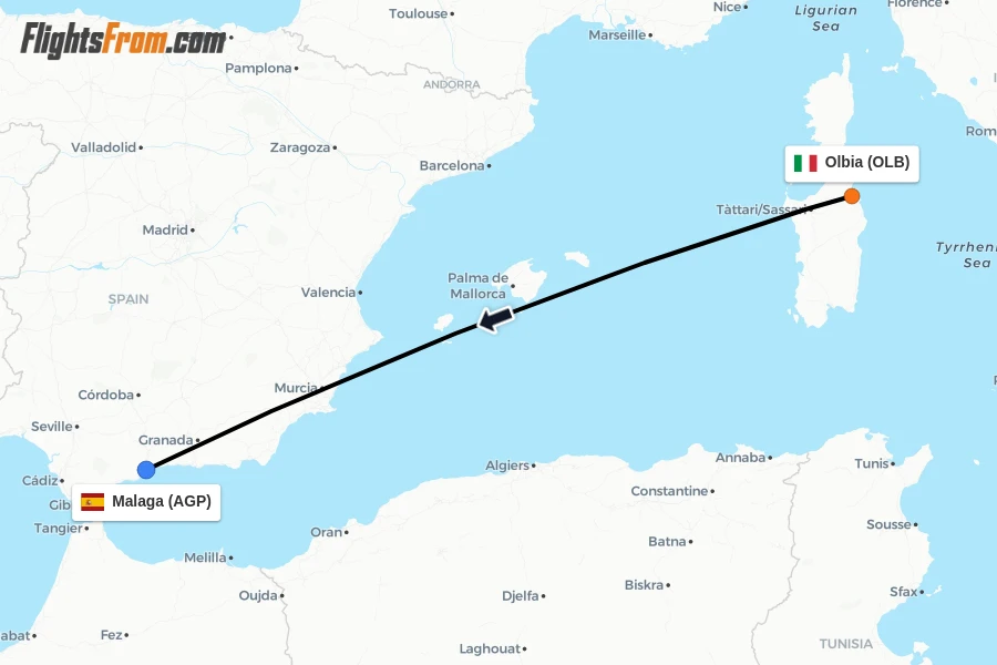Flights from Olbia to Malaga route map