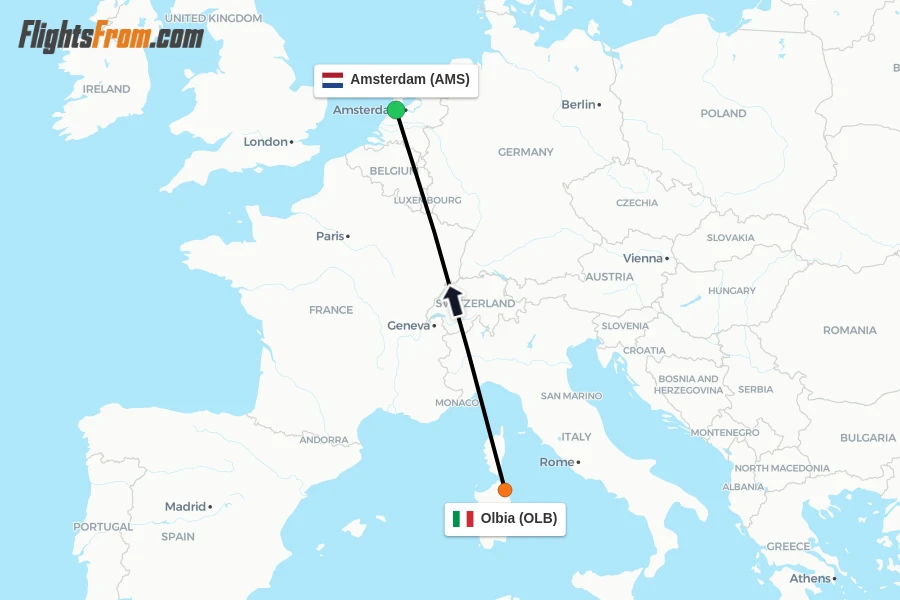 Flights from Olbia to Amsterdam route map