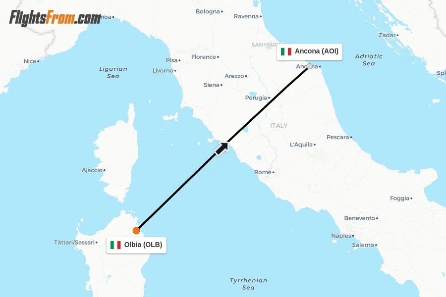 Flights from Olbia to Ancona route map