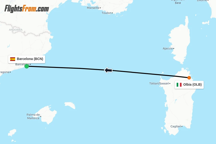 Flights from Olbia to Barcelona route map