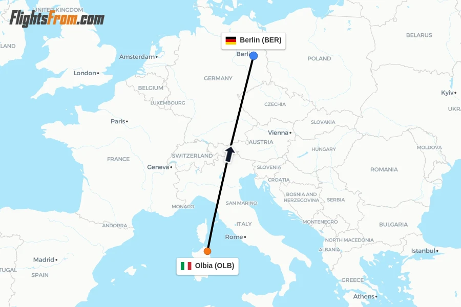 Flights from Olbia to Berlin route map