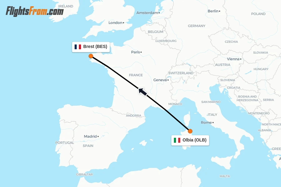 Flights from Olbia to Brest route map