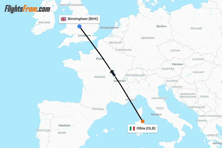 Flights from Olbia to Birmingham route map