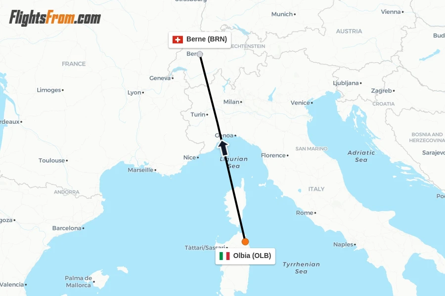 Flights from Olbia to Berne route map