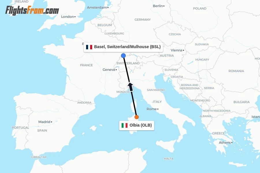 Flights from Olbia to Basel, Switzerland/Mulhouse route map
