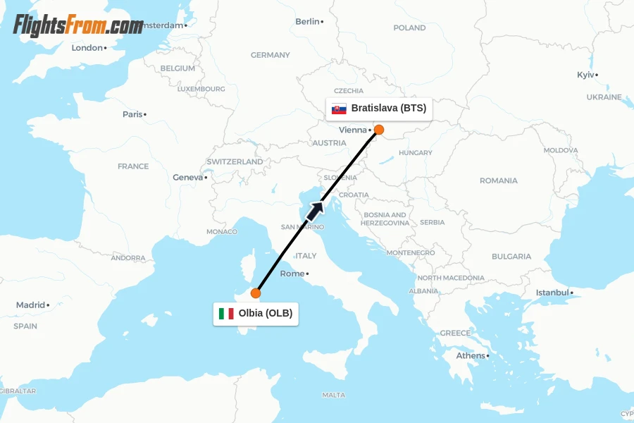 Flights from Olbia to Bratislava route map
