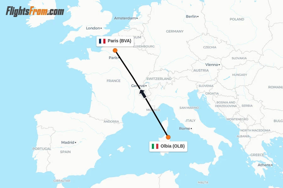 Flights from Olbia to Paris route map