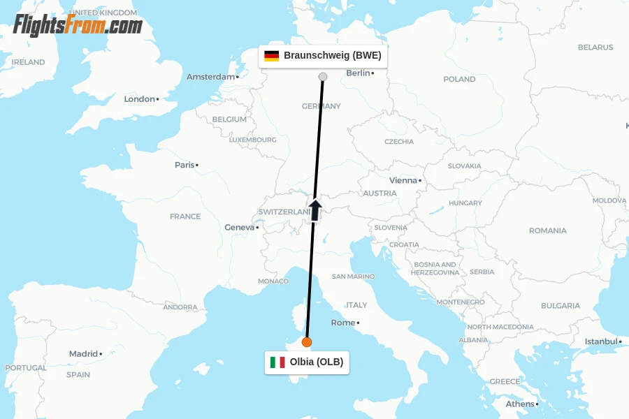 Flights from Olbia to Braunschweig route map