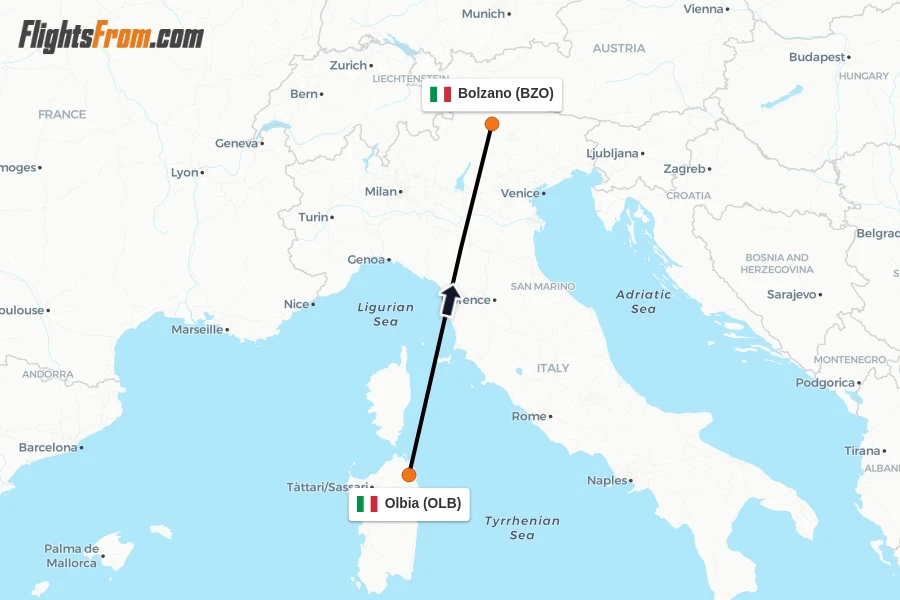 Flights from Olbia to Bolzano route map