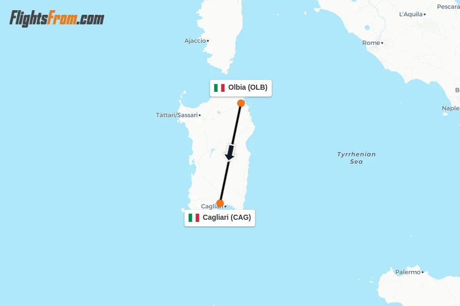 Flights from Olbia to Cagliari route map