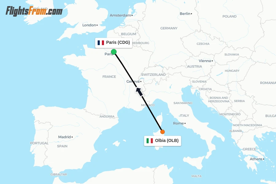 Flights from Olbia to Paris route map