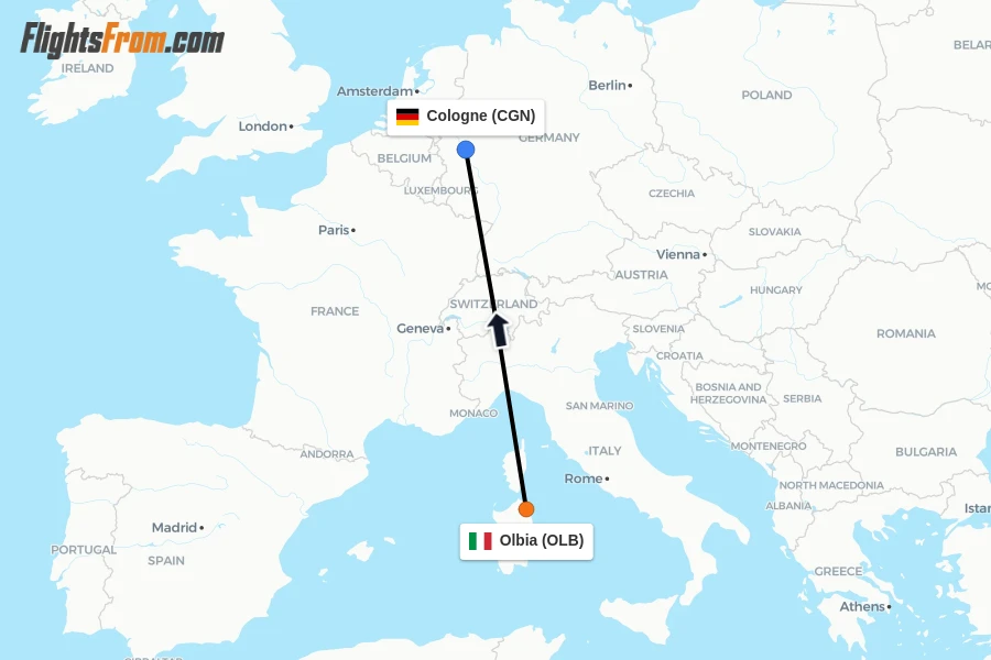 Flights from Olbia to Cologne route map
