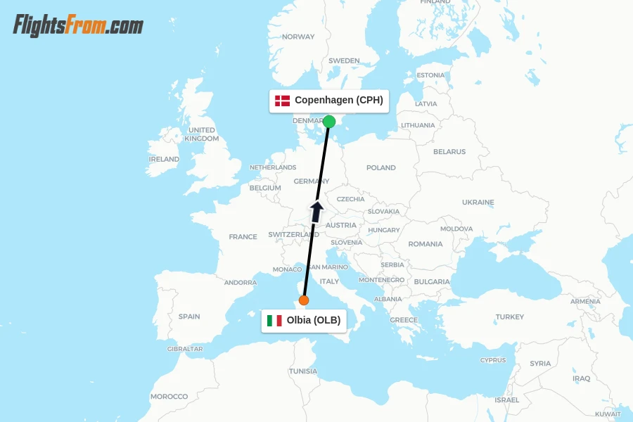 Flights from Olbia to Copenhagen route map