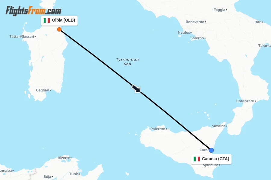 Flights from Olbia to Catania route map