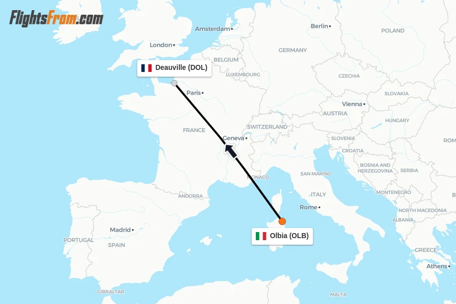 Flights from Olbia to Deauville route map