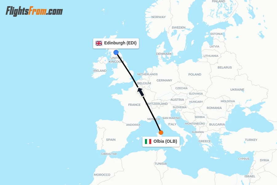 Flights from Olbia to Edinburgh route map