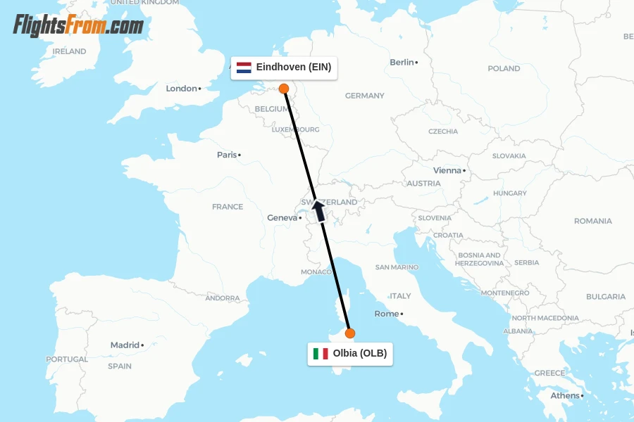 Flights from Olbia to Eindhoven route map