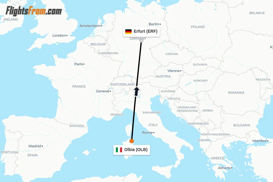 Flights from Olbia to Erfurt route map