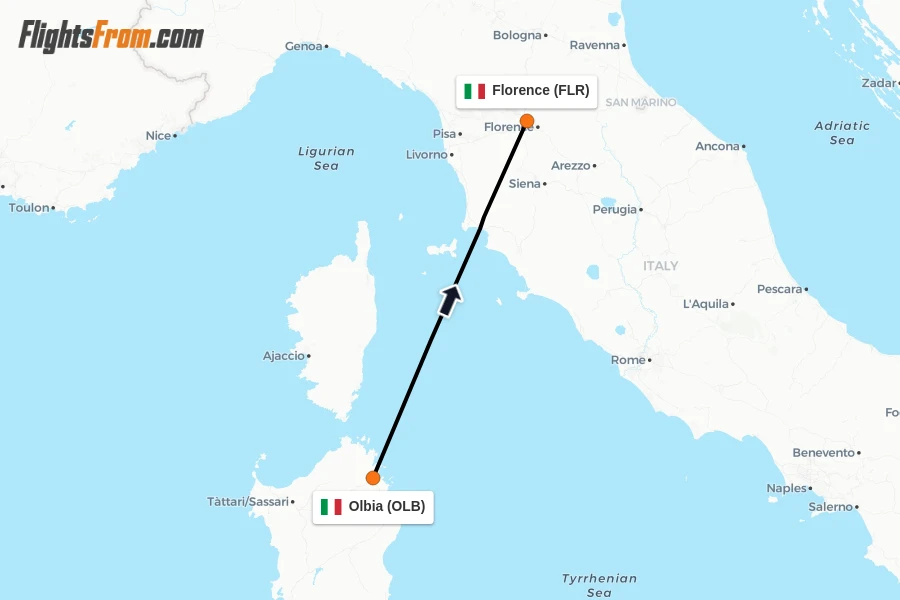 Flights from Olbia to Florence route map