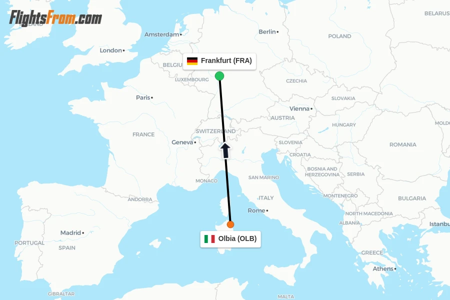 Flights from Olbia to Frankfurt route map