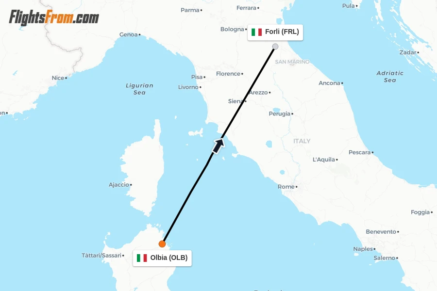 Flights from Olbia to Forli route map
