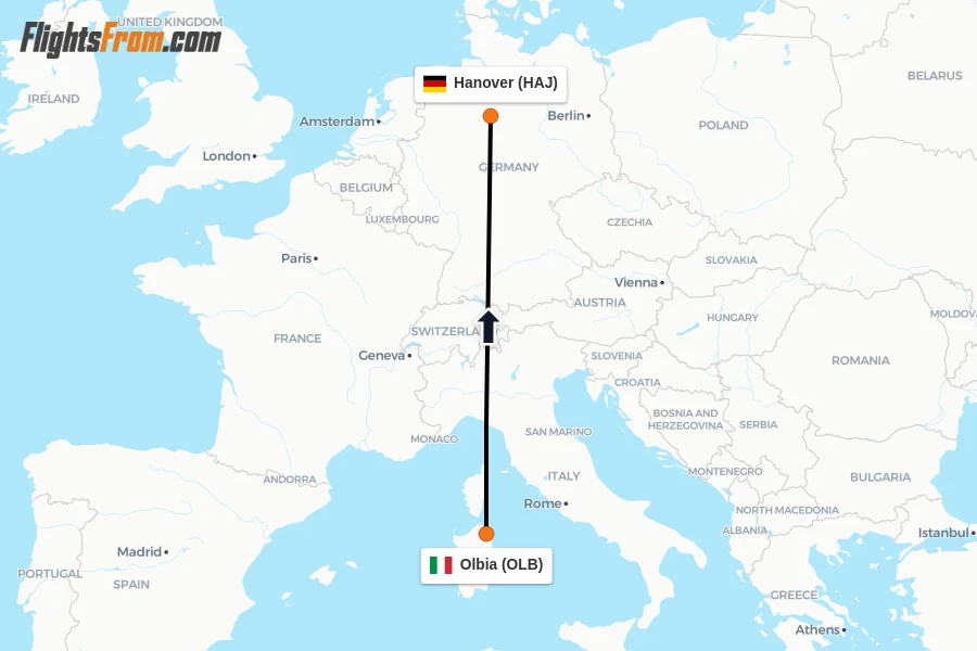 Flights from Olbia to Hanover route map