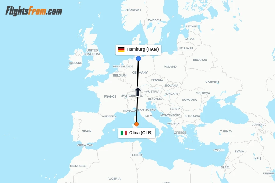 Flights from Olbia to Hamburg route map