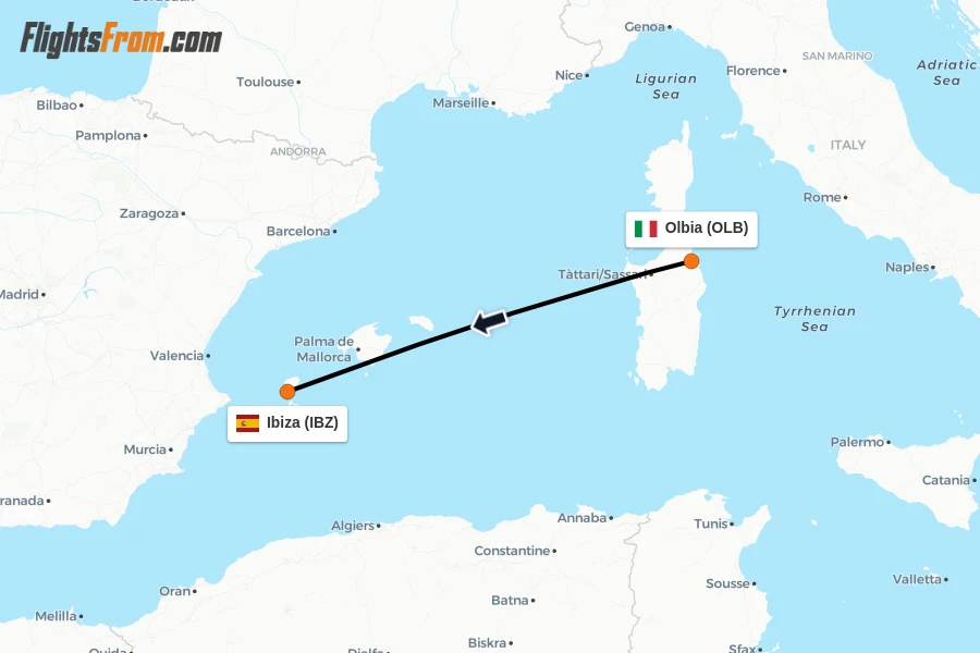 Flights from Olbia to Ibiza route map
