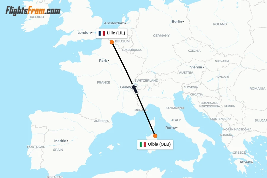 Flights from Olbia to Lille route map